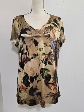 B.L.E.U. size XL Satin Floral Short‎ Sleeve V Neck Top Rhinestone Gold